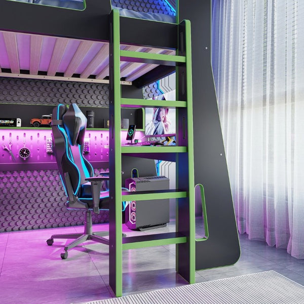 English Elm Twin/Full Gaming Loft Bed with Built-In Desk LED Lighting Shelves for Teen Rooms Black+Green W5316S00057