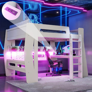 English Elm Full Size Gaming Loft Bed with Built-In Desk LED Lighting and Storage for Teens Beige W5316S00058