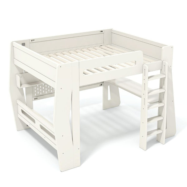 English Elm Full Size Gaming Loft Bed with Built-In Desk LED Lighting and Storage for Teens Beige W5316S00058