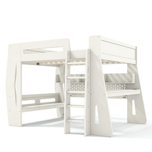 English Elm Full Size Gaming Loft Bed with Built-In Desk LED Lighting and Storage for Teens Beige W5316S00058
