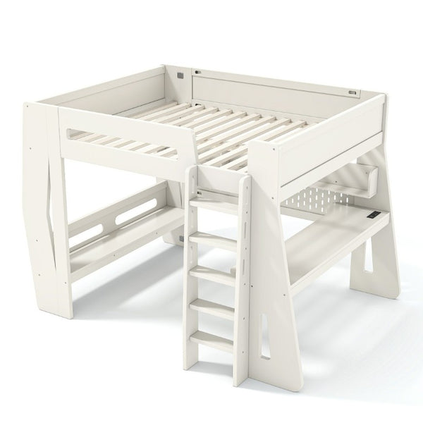 English Elm Full Size Gaming Loft Bed with Built-In Desk LED Lighting and Storage for Teens Beige W5316S00058