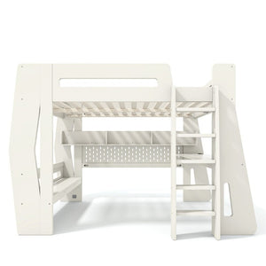 English Elm Full Size Gaming Loft Bed with Built-In Desk LED Lighting and Storage for Teens Beige W5316S00058