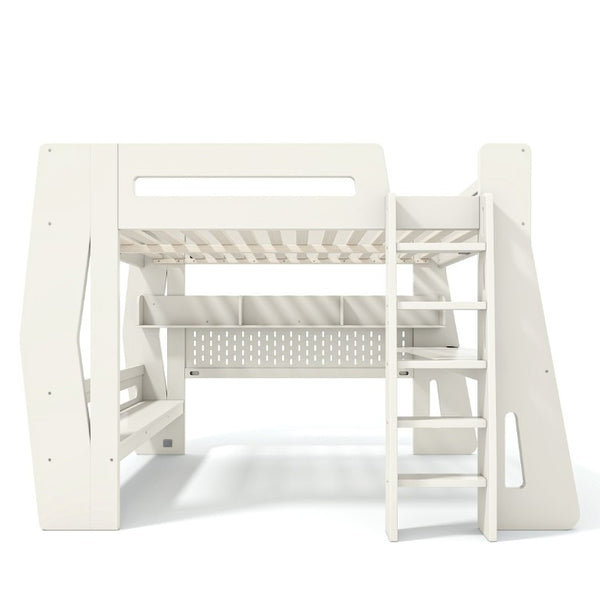 English Elm Full Size Gaming Loft Bed with Built-In Desk LED Lighting and Storage for Teens Beige W5316S00058
