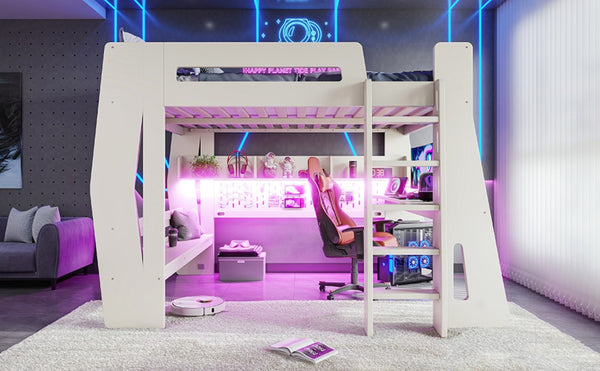 English Elm Full Size Gaming Loft Bed with Built-In Desk LED Lighting and Storage for Teens Beige W5316S00058