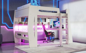 English Elm Full Size Gaming Loft Bed with Built-In Desk LED Lighting and Storage for Teens Beige W5316S00058
