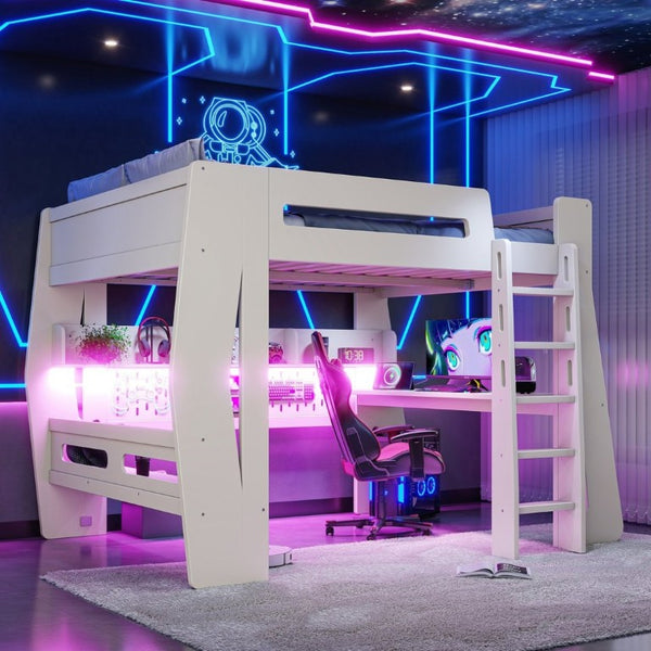 English Elm Full Size Gaming Loft Bed with Built-In Desk LED Lighting and Storage for Teens Beige W5316S00058