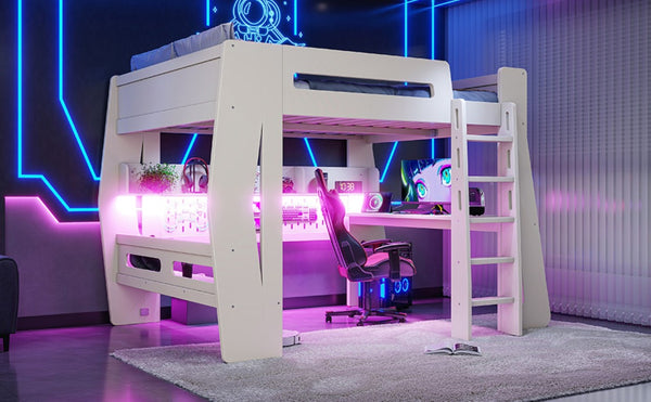 English Elm Full Size Gaming Loft Bed with Built-In Desk LED Lighting and Storage for Teens Beige W5316S00058