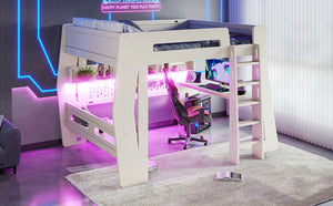English Elm Full Size Gaming Loft Bed with Built-In Desk LED Lighting and Storage for Teens Beige W5316S00058