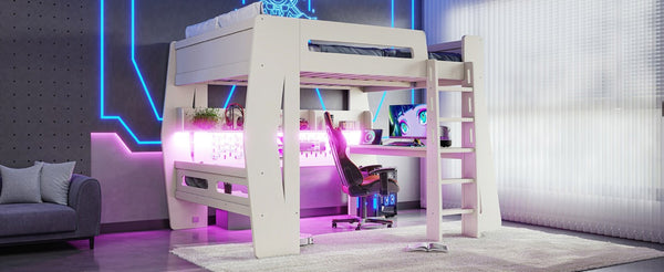 English Elm Full Size Gaming Loft Bed with Built-In Desk LED Lighting and Storage for Teens Beige W5316S00058