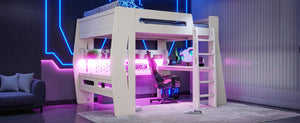 English Elm Full Size Gaming Loft Bed with Built-In Desk LED Lighting and Storage for Teens Beige W5316S00058
