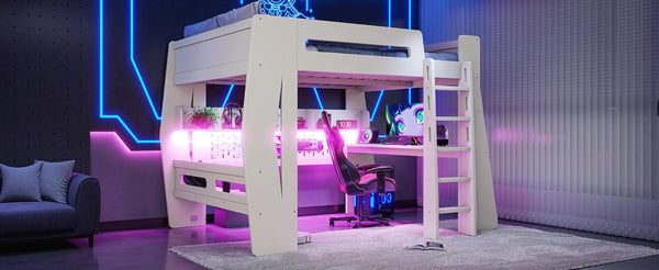 English Elm Full Size Gaming Loft Bed with Built-In Desk LED Lighting and Storage for Teens Beige W5316S00058