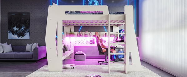 English Elm Full Size Gaming Loft Bed with Built-In Desk LED Lighting and Storage for Teens Beige W5316S00058