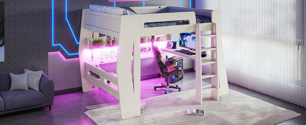 English Elm Full Size Gaming Loft Bed with Built-In Desk LED Lighting and Storage for Teens Beige W5316S00058