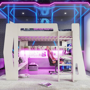 English Elm Full Size Gaming Loft Bed with Built-In Desk LED Lighting and Storage for Teens Beige W5316S00058