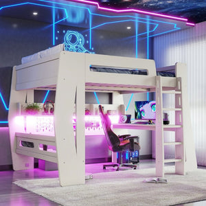 English Elm Full Size Gaming Loft Bed with Built-In Desk LED Lighting and Storage for Teens Beige W5316S00058