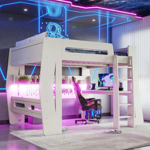English Elm Full Size Gaming Loft Bed with Built-In Desk LED Lighting and Storage for Teens Beige W5316S00058