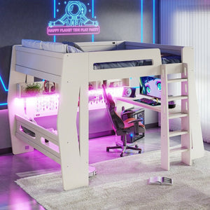 English Elm Full Size Gaming Loft Bed with Built-In Desk LED Lighting and Storage for Teens Beige W5316S00058