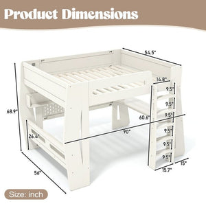 English Elm Full Size Gaming Loft Bed with Built-In Desk LED Lighting and Storage for Teens Beige W5316S00058