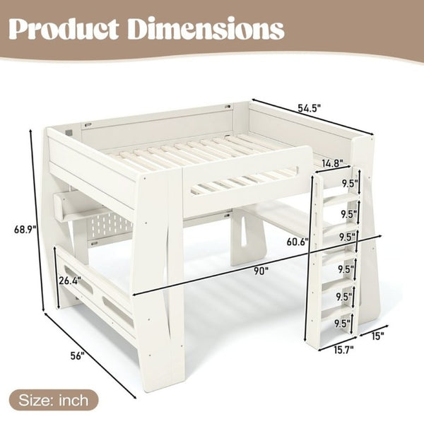 English Elm Full Size Gaming Loft Bed with Built-In Desk LED Lighting and Storage for Teens Beige W5316S00058