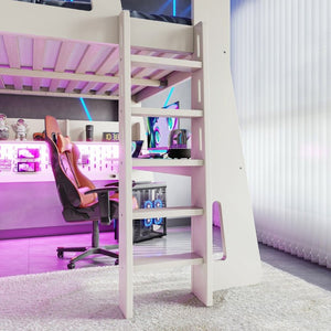 English Elm Full Size Gaming Loft Bed with Built-In Desk LED Lighting and Storage for Teens Beige W5316S00058