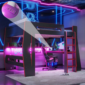 English Elm Full Size Gaming Loft Bed with Built-In Desk LED Lighting and Storage for Teens Black+Red W5316S00059