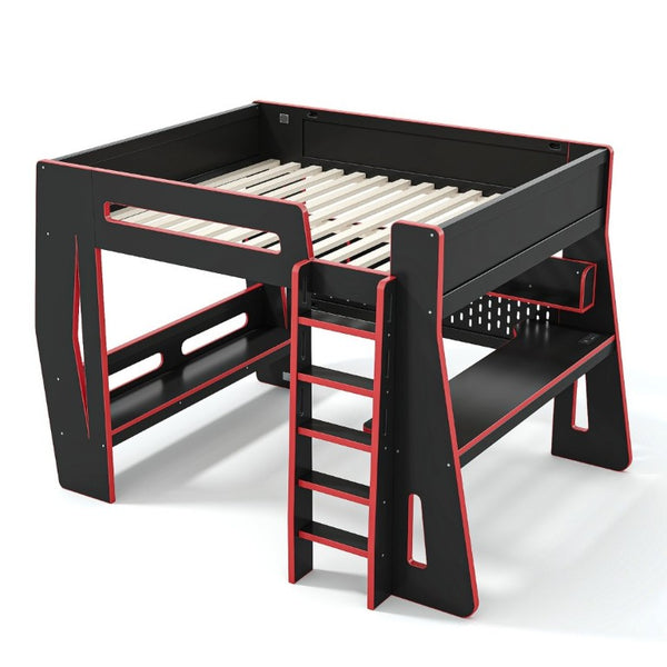 English Elm Full Size Gaming Loft Bed with Built-In Desk LED Lighting and Storage for Teens Black+Red W5316S00059