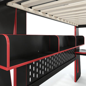 English Elm Full Size Gaming Loft Bed with Built-In Desk LED Lighting and Storage for Teens Black+Red W5316S00059