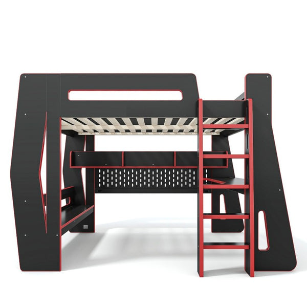 English Elm Full Size Gaming Loft Bed with Built-In Desk LED Lighting and Storage for Teens Black+Red W5316S00059