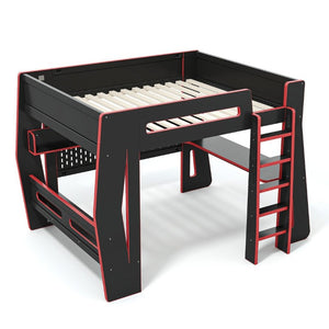 English Elm Full Size Gaming Loft Bed with Built-In Desk LED Lighting and Storage for Teens Black+Red W5316S00059