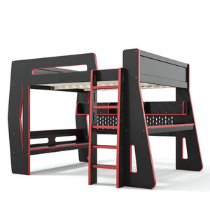 English Elm Full Size Gaming Loft Bed with Built-In Desk LED Lighting and Storage for Teens Black+Red W5316S00059