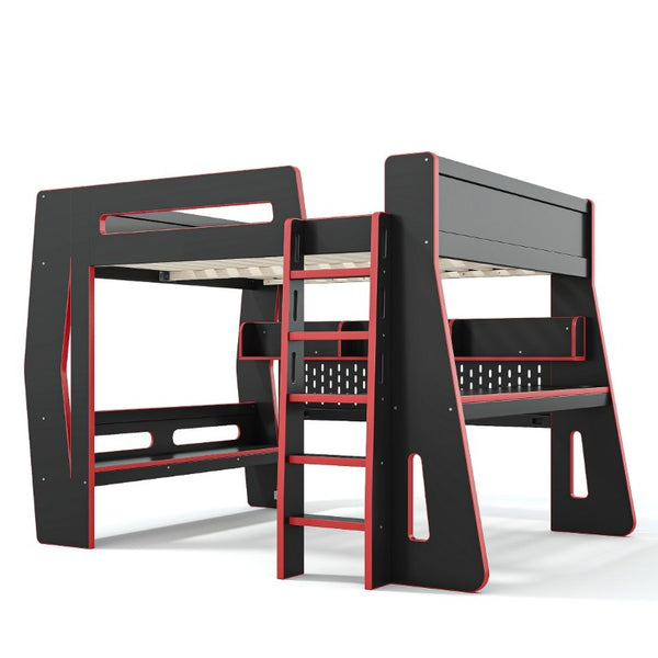 English Elm Full Size Gaming Loft Bed with Built-In Desk LED Lighting and Storage for Teens Black+Red W5316S00059