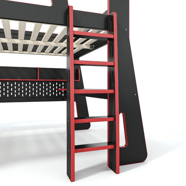 English Elm Full Size Gaming Loft Bed with Built-In Desk LED Lighting and Storage for Teens Black+Red W5316S00059