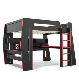 English Elm Full Size Gaming Loft Bed with Built-In Desk LED Lighting and Storage for Teens Black+Red W5316S00059