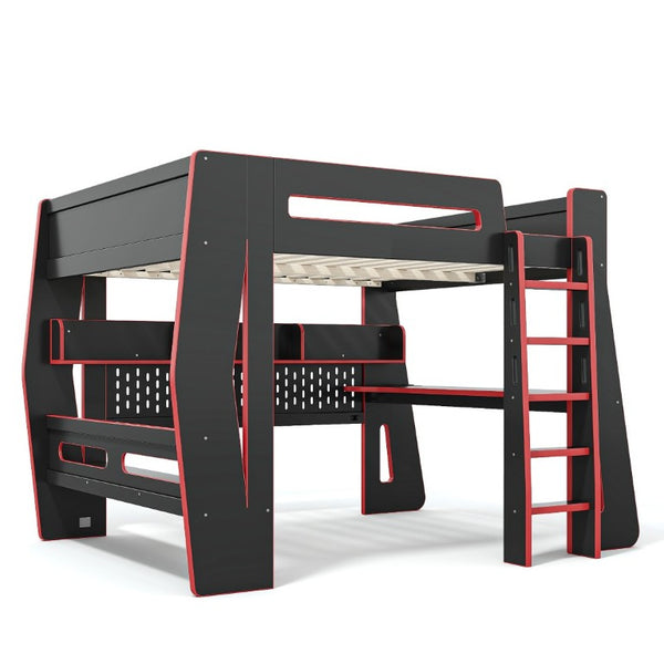 English Elm Full Size Gaming Loft Bed with Built-In Desk LED Lighting and Storage for Teens Black+Red W5316S00059