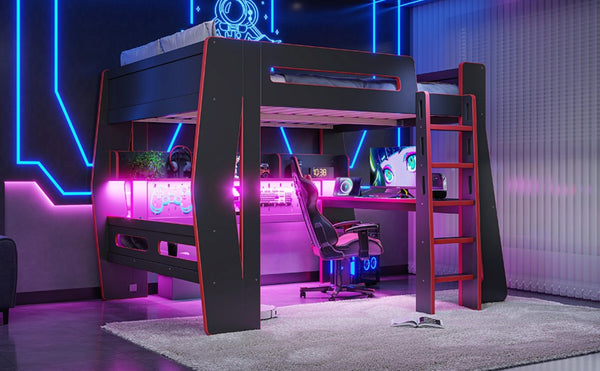 English Elm Full Size Gaming Loft Bed with Built-In Desk LED Lighting and Storage for Teens Black+Red W5316S00059