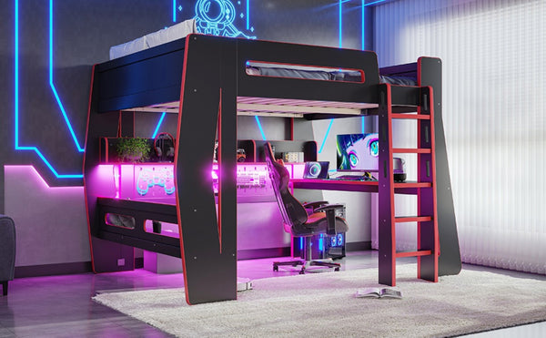 English Elm Full Size Gaming Loft Bed with Built-In Desk LED Lighting and Storage for Teens Black+Red W5316S00059