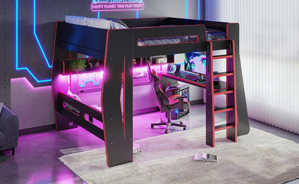English Elm Full Size Gaming Loft Bed with Built-In Desk LED Lighting and Storage for Teens Black+Red W5316S00059