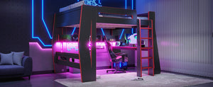 English Elm Full Size Gaming Loft Bed with Built-In Desk LED Lighting and Storage for Teens Black+Red W5316S00059