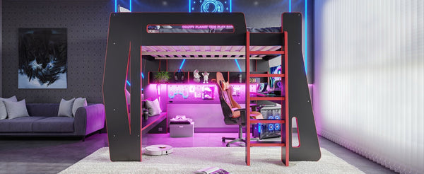 English Elm Full Size Gaming Loft Bed with Built-In Desk LED Lighting and Storage for Teens Black+Red W5316S00059