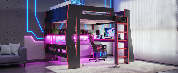 English Elm Full Size Gaming Loft Bed with Built-In Desk LED Lighting and Storage for Teens Black+Red W5316S00059