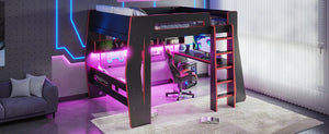 English Elm Full Size Gaming Loft Bed with Built-In Desk LED Lighting and Storage for Teens Black+Red W5316S00059