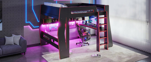 English Elm Full Size Gaming Loft Bed with Built-In Desk LED Lighting and Storage for Teens Black+Red W5316S00059