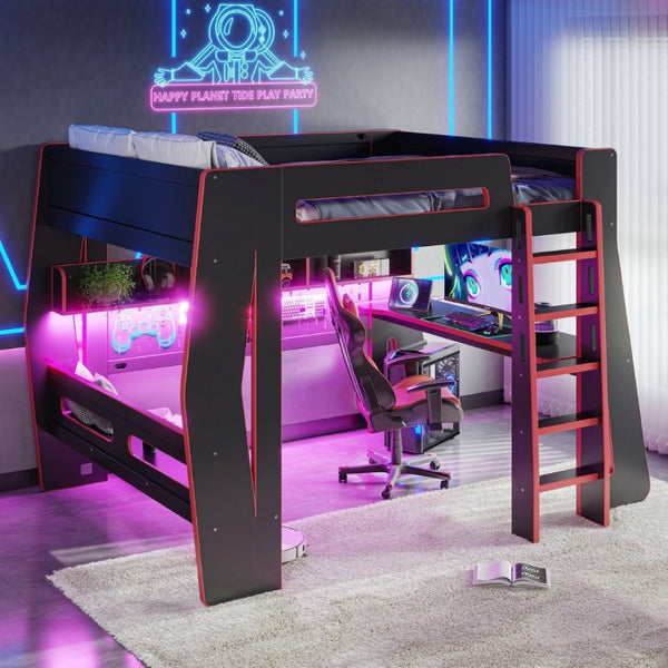 English Elm Full Size Gaming Loft Bed with Built-In Desk LED Lighting and Storage for Teens Black+Red W5316S00059