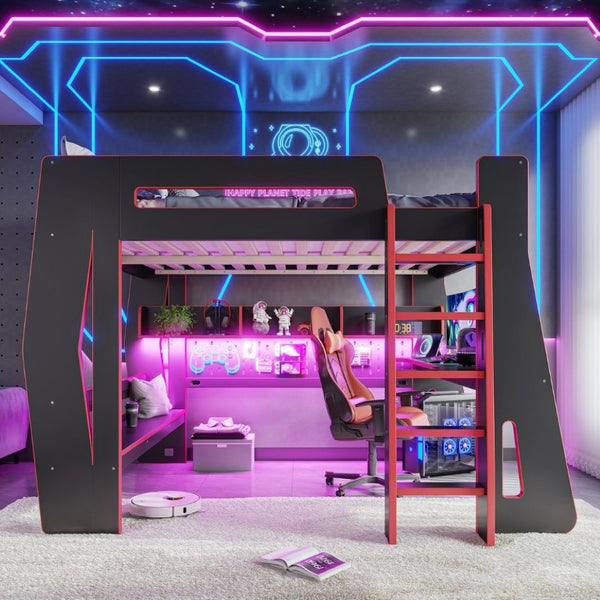 English Elm Full Size Gaming Loft Bed with Built-In Desk LED Lighting and Storage for Teens Black+Red W5316S00059