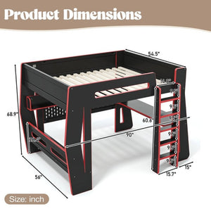 English Elm Full Size Gaming Loft Bed with Built-In Desk LED Lighting and Storage for Teens Black+Red W5316S00059