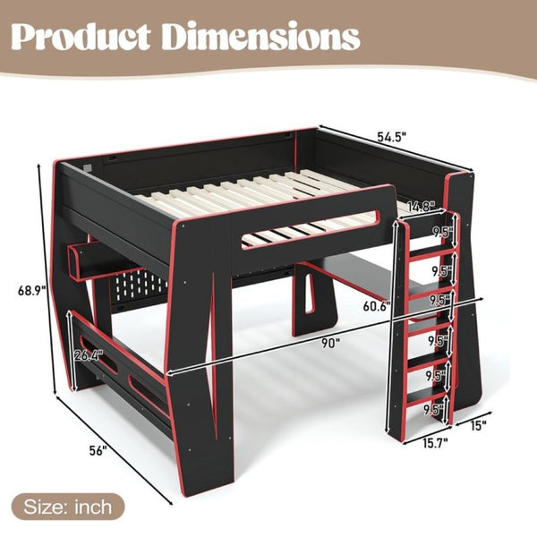 English Elm Full Size Gaming Loft Bed with Built-In Desk LED Lighting and Storage for Teens Black+Red W5316S00059
