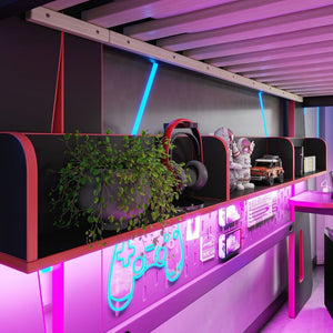 English Elm Full Size Gaming Loft Bed with Built-In Desk LED Lighting and Storage for Teens Black+Red W5316S00059