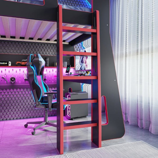 English Elm Full Size Gaming Loft Bed with Built-In Desk LED Lighting and Storage for Teens Black+Red W5316S00059