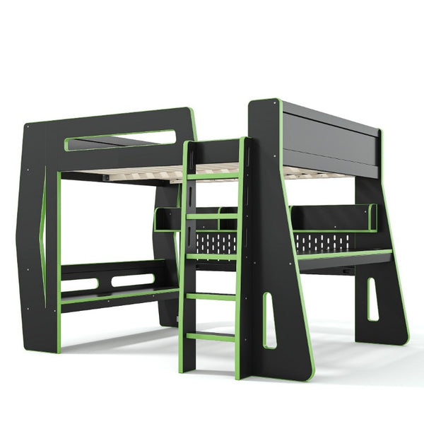 English Elm Full Size Gaming Loft Bed with Built-In Desk LED Lighting and Storage for Teens Black+Green W5316S00060