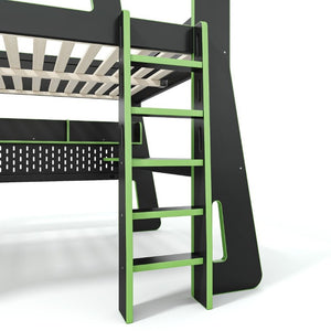 English Elm Full Size Gaming Loft Bed with Built-In Desk LED Lighting and Storage for Teens Black+Green W5316S00060